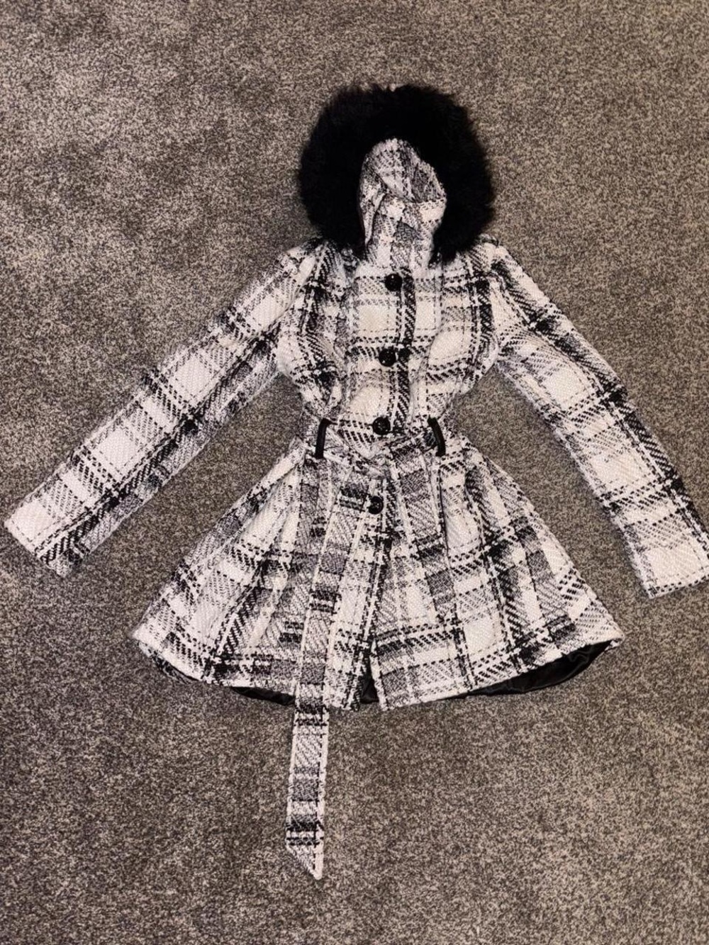 Y2K Grunge Plaid Trench Coat with Faux Fur Hood